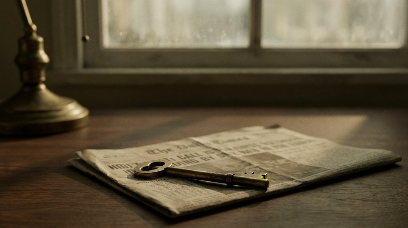 A weathered brass key on a folded newspaper, soft window light from upper-left.