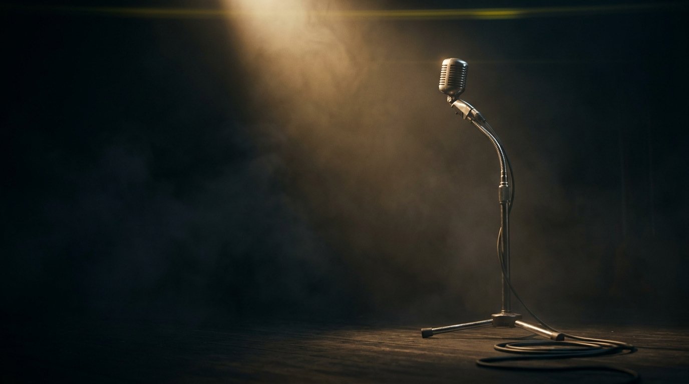 A vintage stage microphone on a chrome stand under a single warm tungsten spotlight.