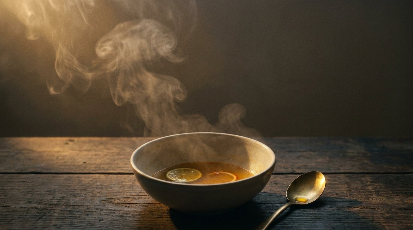 A ceramic bowl of Thai broth with steam rising into warm afternoon haze.