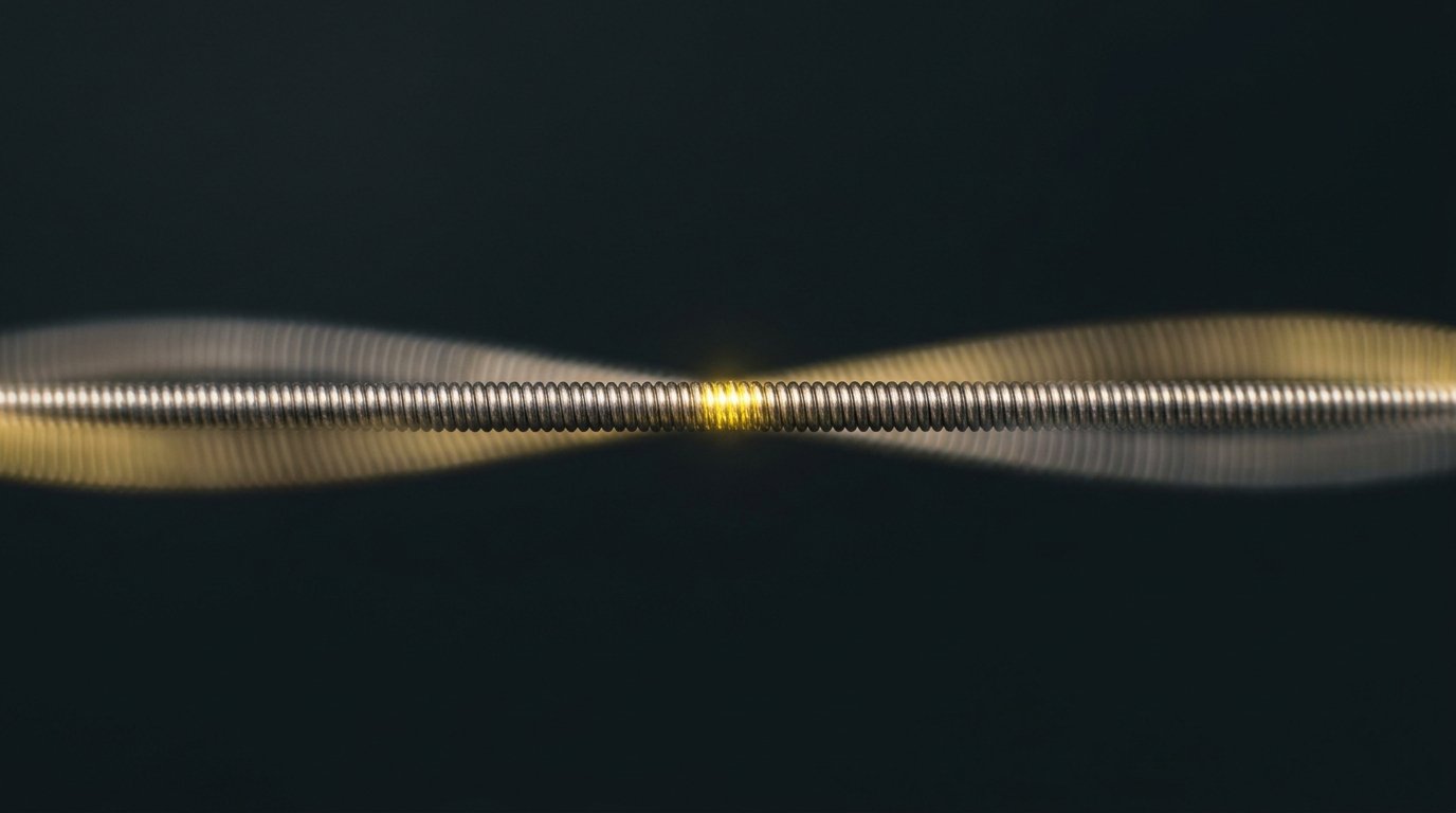 A guitar string vibrating in slow motion against a dark background.