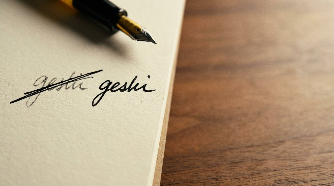 A handwritten word crossed out and rewritten on cream paper with a fountain pen.