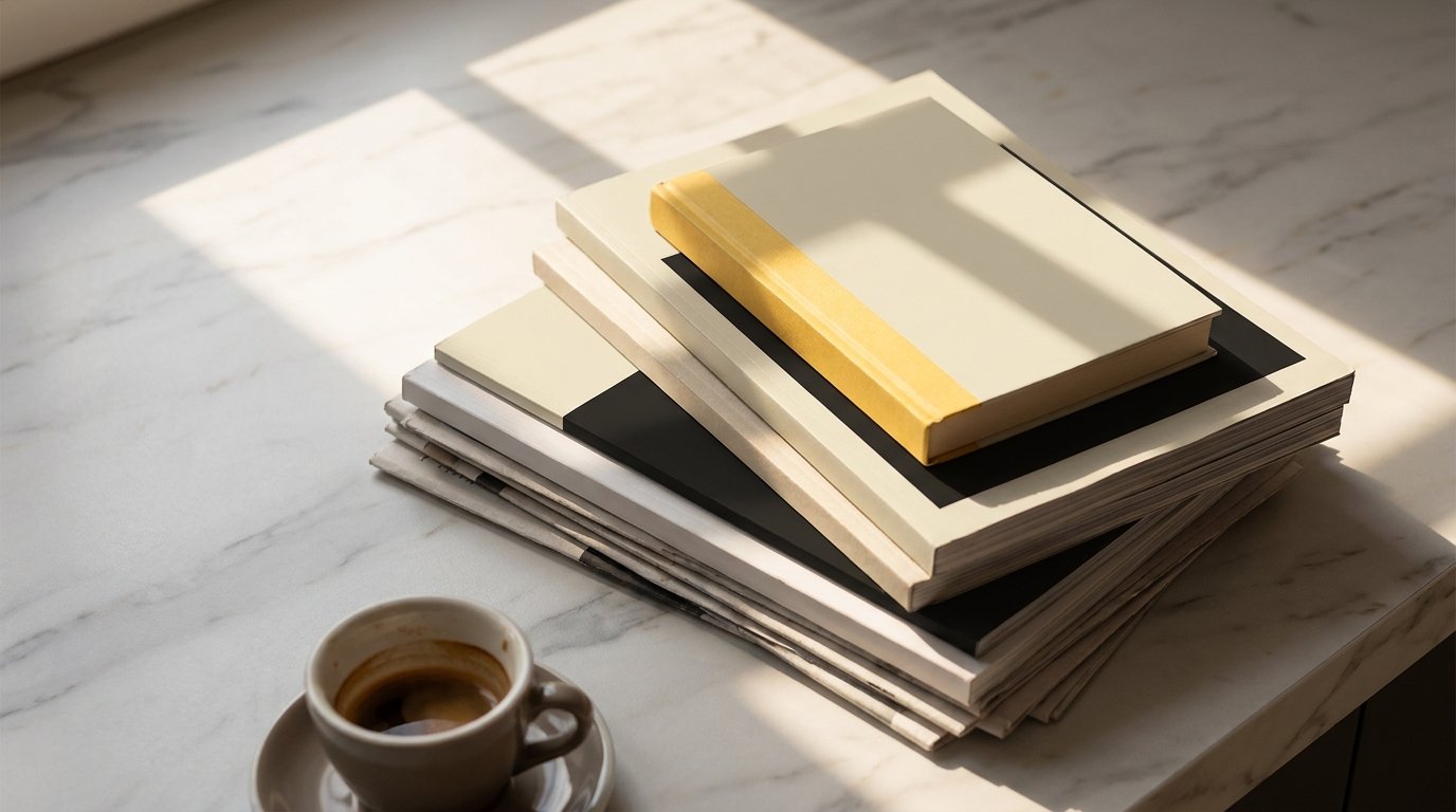 A stack of magazines and a yellow-spined book on a marble counter, diagonal sunlight.